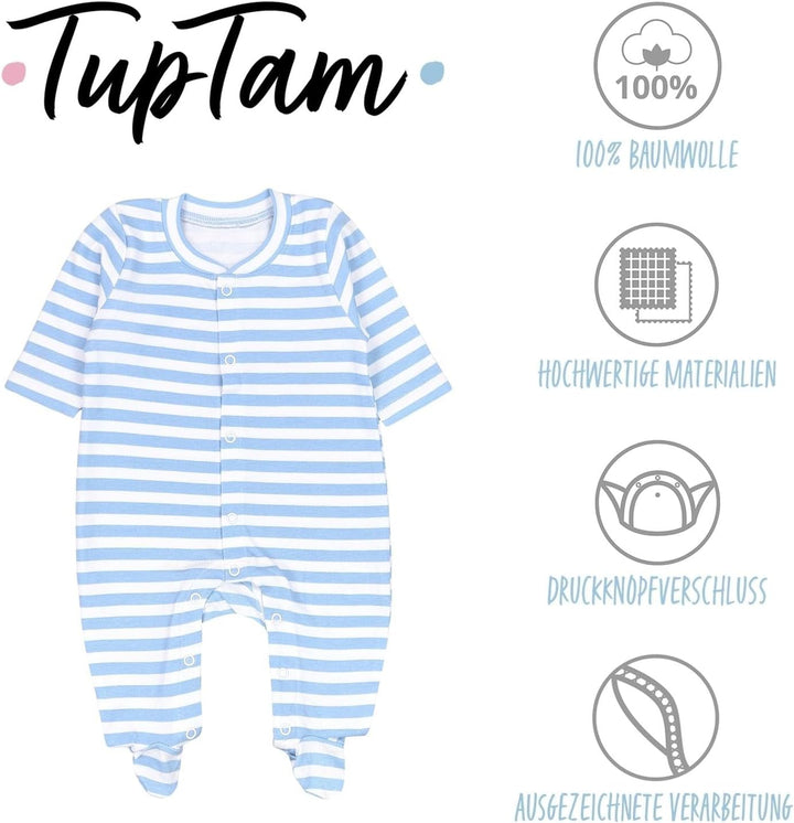 TupTam Baby Jungen Schlafstrampler mit Fuss 3-er Pack 50 Blau Grau Streifen Dino, 50 Blau Grau Strei