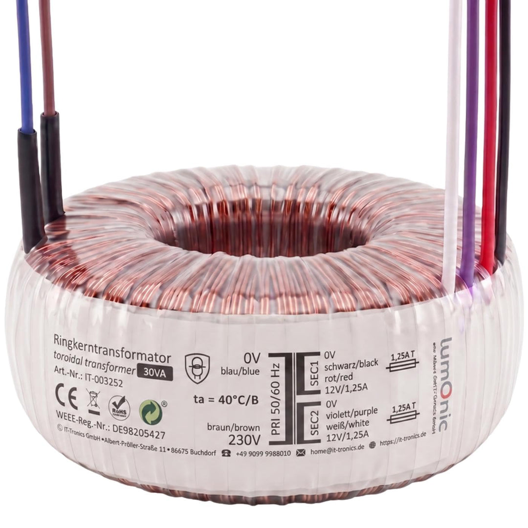 Sedlbauer Ringkerntrafo Transformator 30VA 2x12V für Audio, Industrie, Halogen und Schienensysteme -