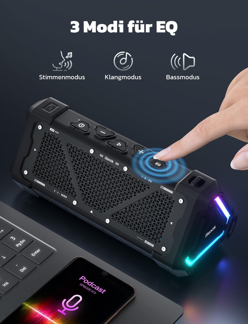 RIENOK S11 Bluetooth Lautsprecher 30W Musikbox mit EQ Modus USB-Audio IPX7 Bluetooth Box 24h Akku Tr