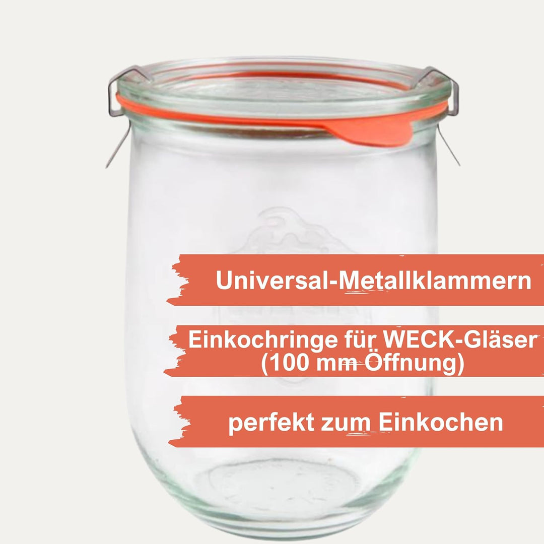 mikken Einmachset-Set 10 Weckringe 94x108 mm Gummiringe für Weckgläser 10 cm und 20 Metallklammern