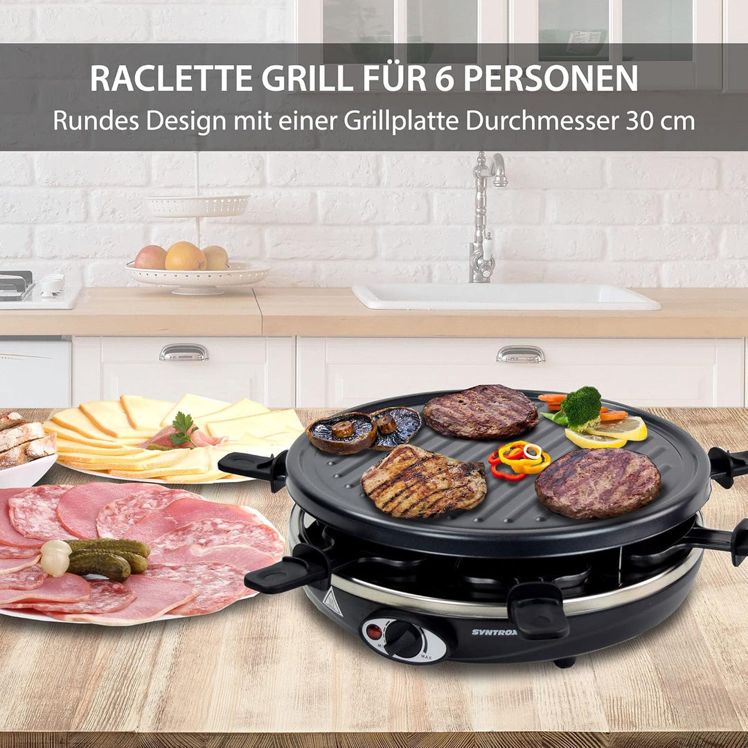 Syntrox Germany Raclette für 6 Personen Baselrax, 4-in-1 Multifunktionsgerät Emailliert mit Wechselp
