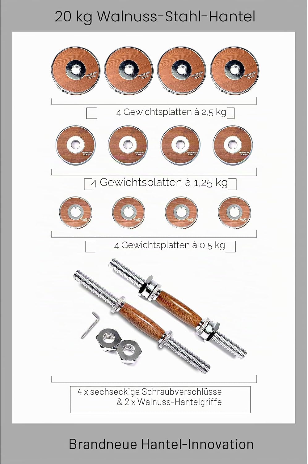 PROIRON Hanteln Walnuss-Stahl Hantel Set 20KG Einstellbare Hantel für Gym Office Home
