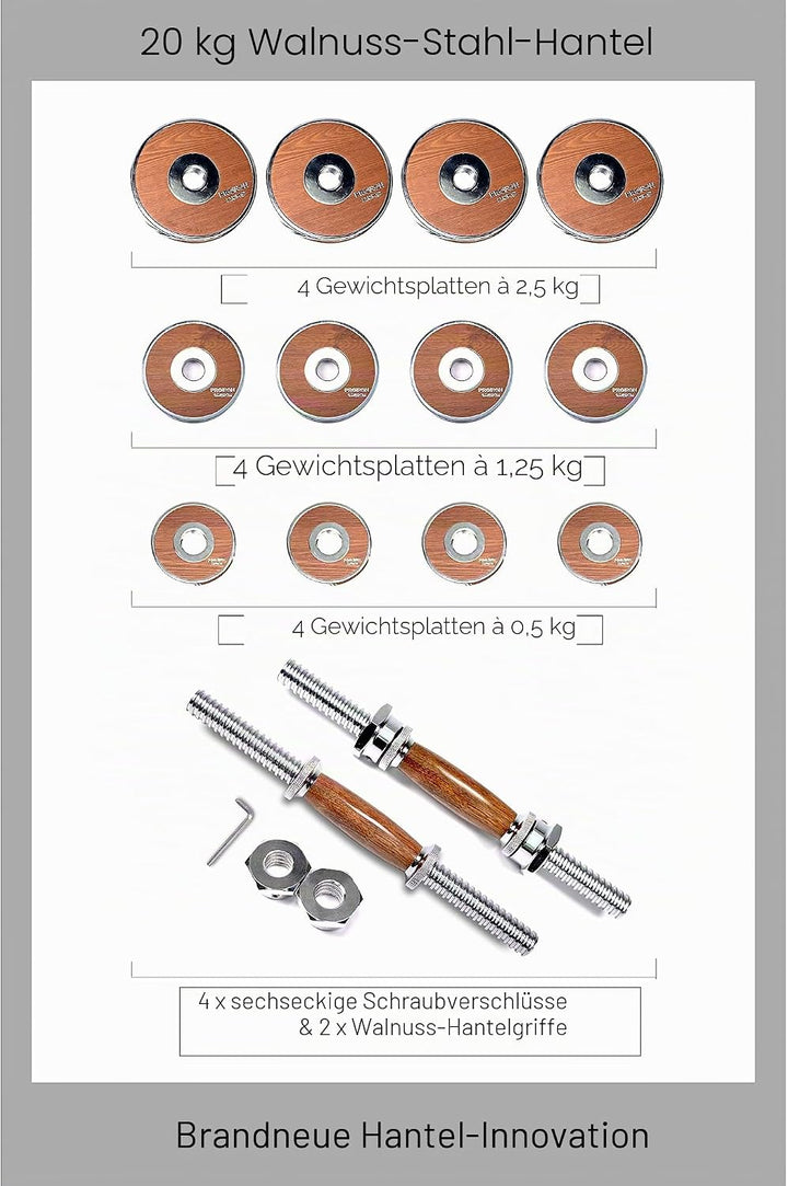 PROIRON Hanteln Walnuss-Stahl Hantel Set 20KG Einstellbare Hantel für Gym Office Home