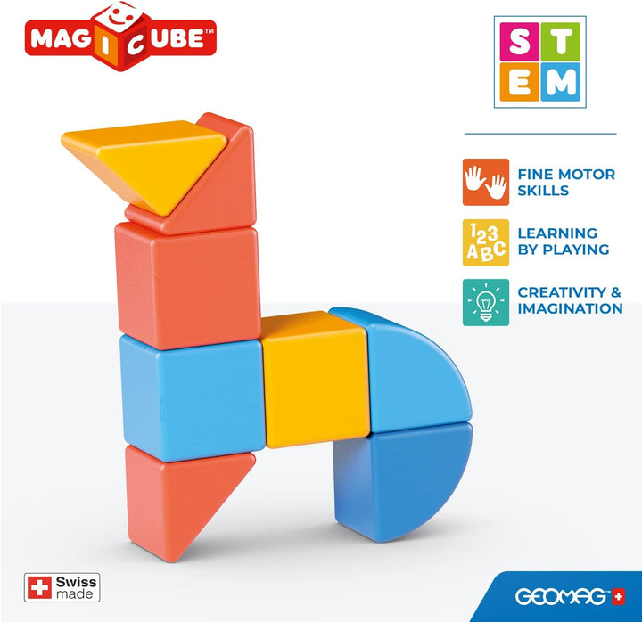GEOMAG - MAGICUBE - 9 Magnetische Bausteine Rot/Orange/Blau - Pädagogisches Spielzeug Für Kinder Ab
