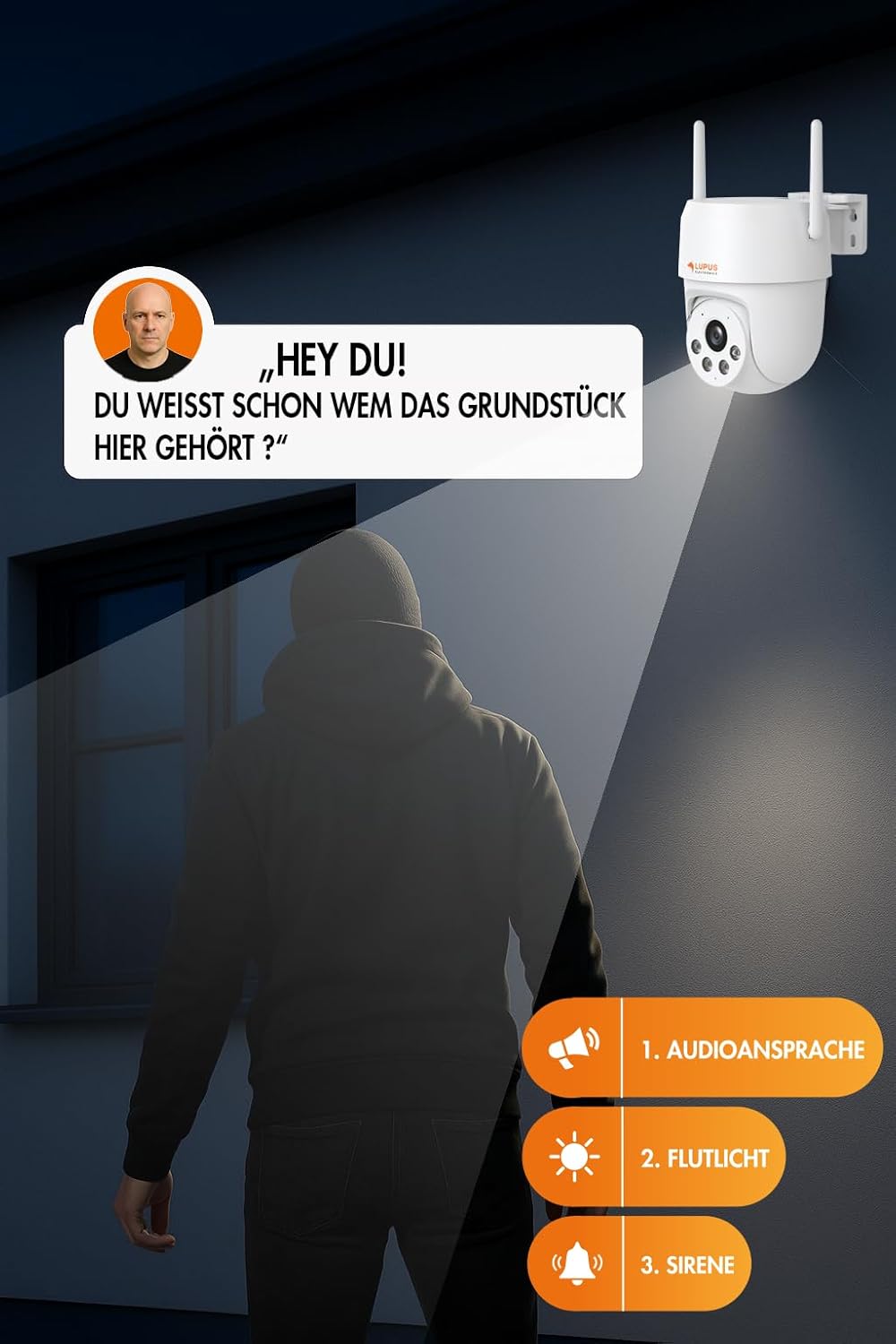 LE213 Alarmkamera mit KI-Objektverfolgung, WiFi 6, Täteransprache, Flutlicht, Sirene, Keine Cloud -