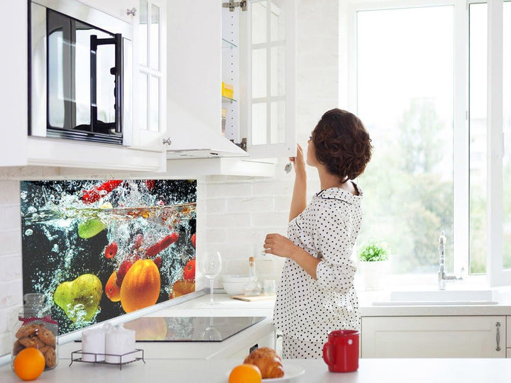 GRAZDesign Spritzschutz Glas für Küche, Herd Bild-Motiv Früchte im Wasser Küchenrückwand Küchenspieg