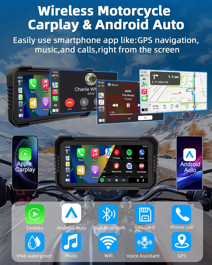 Jansite 4K Dashcam Motorrad Carplay Android Auto Bildschirm, 6,25 Zoll Motorrad Navigationsgeräte mi