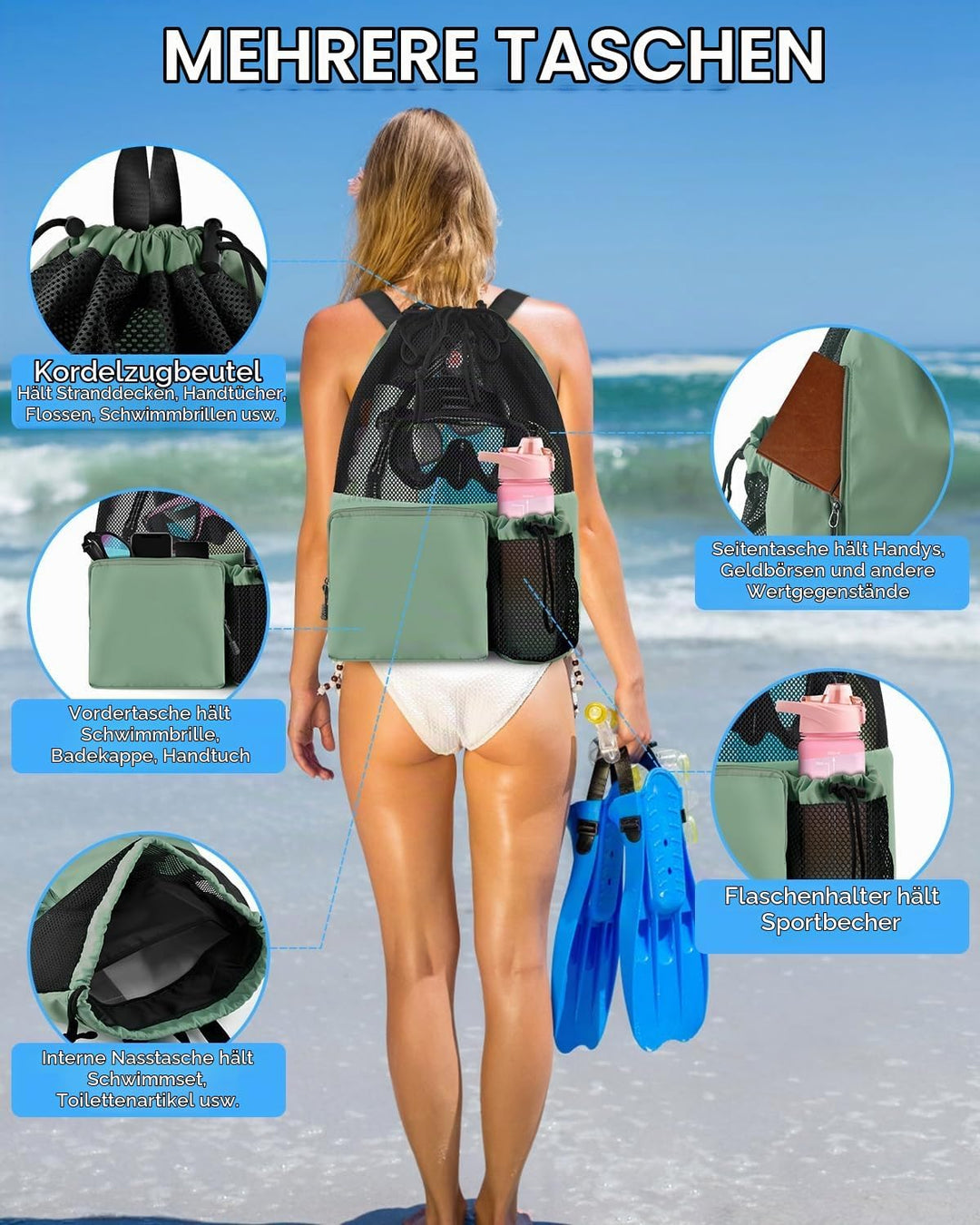 BROTOU Schwimmen Tasche, Schwimmtasche Mesh-Rucksack mit Kordelzug, Strandrucksack Turnbeutel Sportb