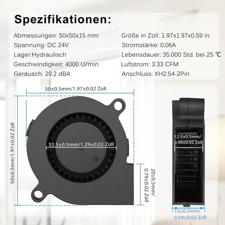 GDSTIME 2 Stück 5015 Gebläse Lüfter 50 x 15mm 24V Turbinen Turbo 50mm Kühlung Ventilator 4000 U/min