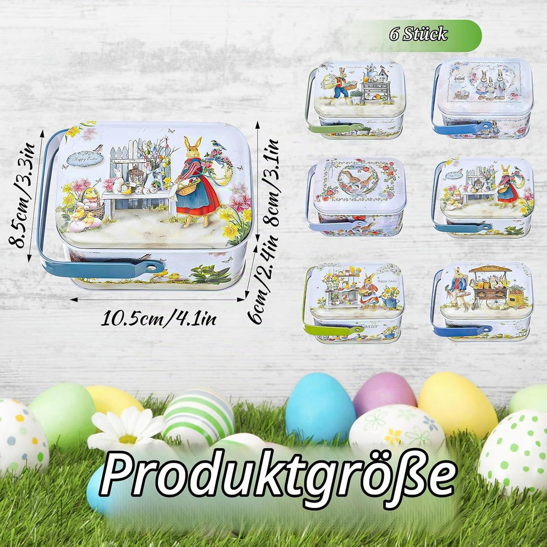 Ostern Keksdose Gebäckdose mit Deckel, 6pcs Ostereier Metalldosen Set, Osterhasen-Keksdose mit Henke