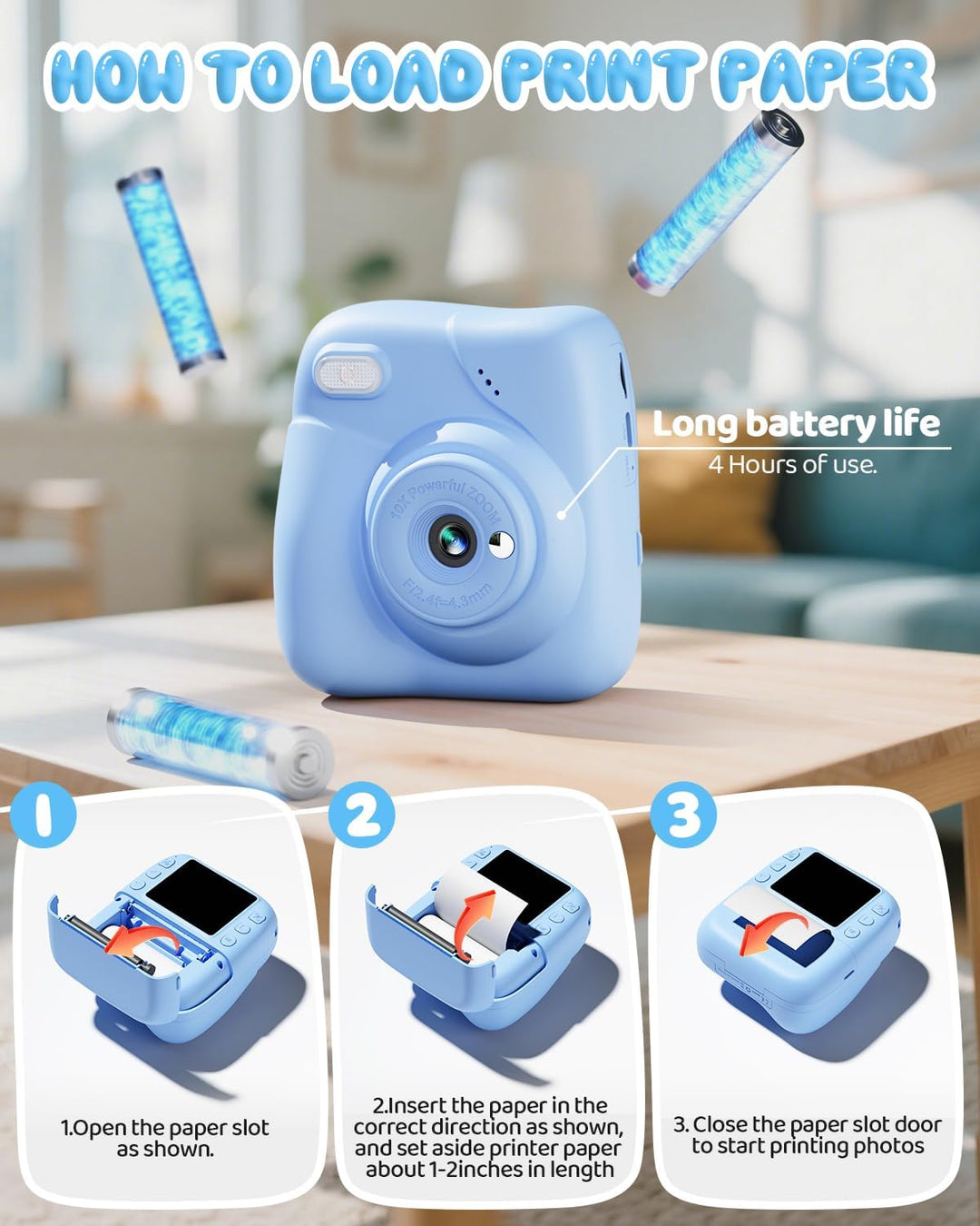 CAMCLID Kinderkamera Sofortbildkamera, 1080P Sofortbildkamera Kinder mit 32GB Karte & 3 Rollen Druck