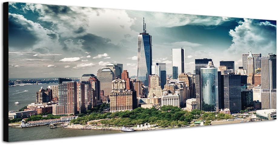 Paul Sinus Art Panoramabild auf Leinwand und Keilrahmen 120x40cm Manhattan Skyline Wolkenhimmel Sonn
