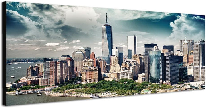 Paul Sinus Art Panoramabild auf Leinwand und Keilrahmen 120x40cm Manhattan Skyline Wolkenhimmel Sonn