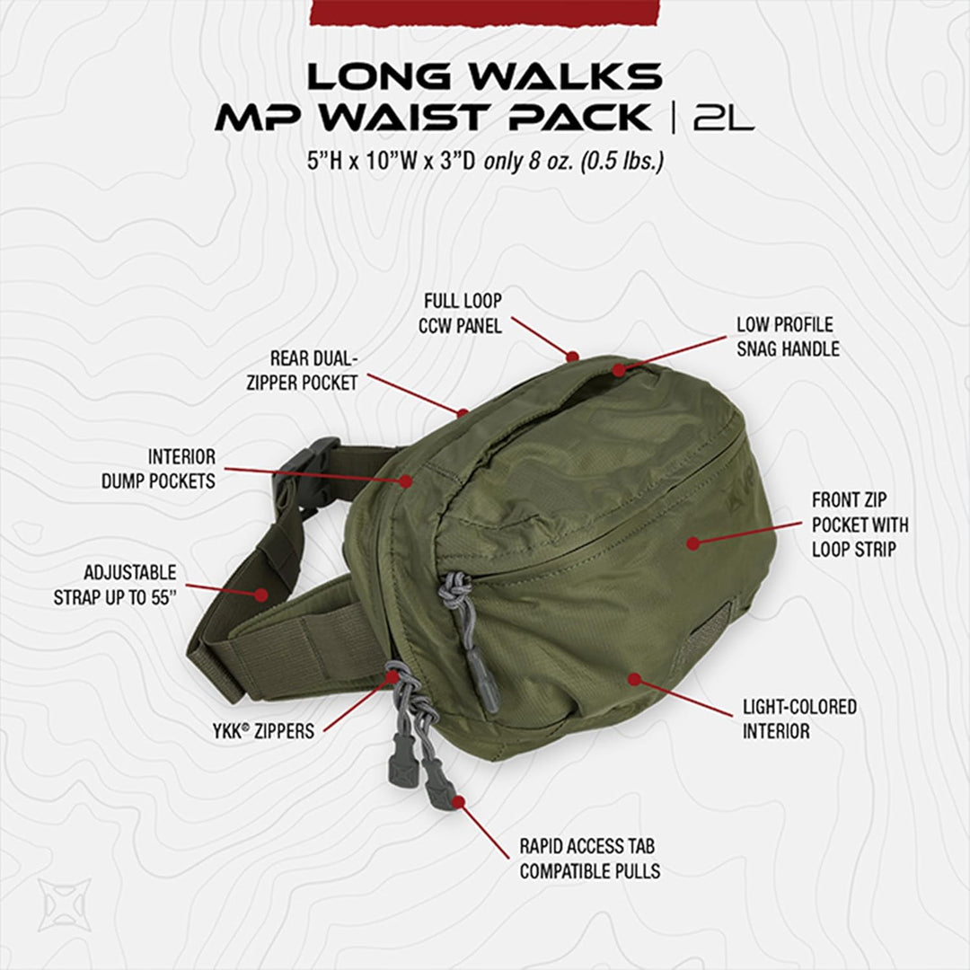 Vertx Long Walks MP 2L Tactical Waist Fanny Pack Concealed Carry Gear Bag for Travel, CCW, EDC, Work
