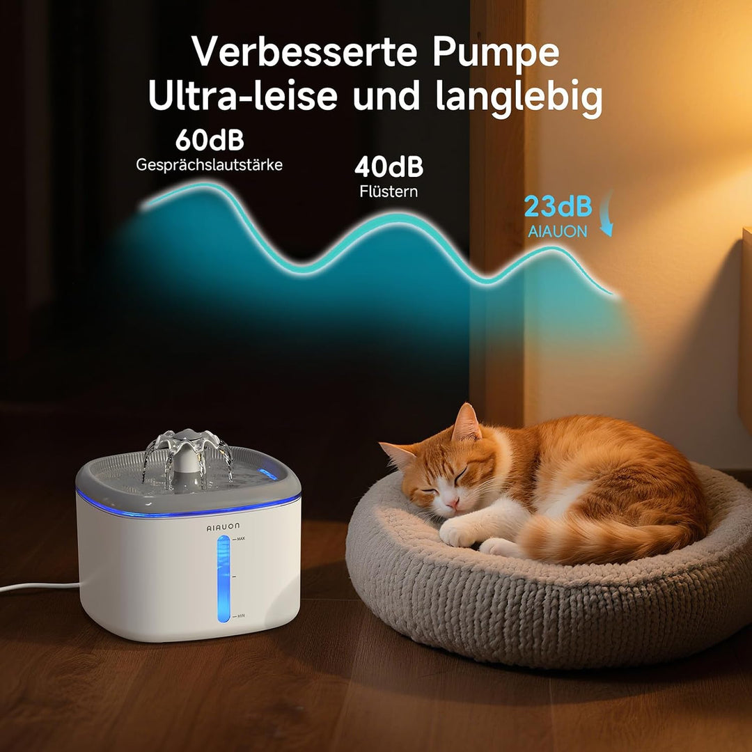 Trinkbrunnen für Katze, 2,5L Katzenbrunnen Leise mit 2 Ersatzfiltern und LED-Wasserstandsfenster für