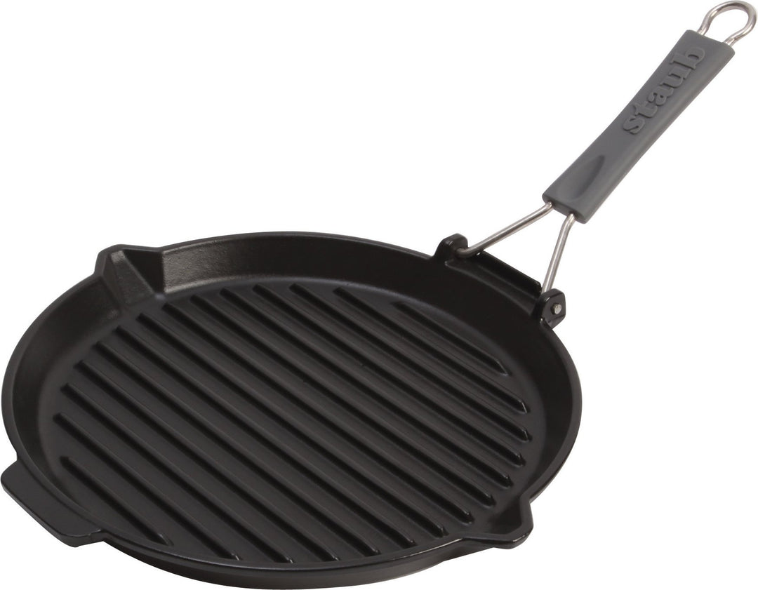 Staub 1202023 Grillpfanne rund mit Silikongriff 27 cm, mit mattschwarzer Emaillierung im Inneren der