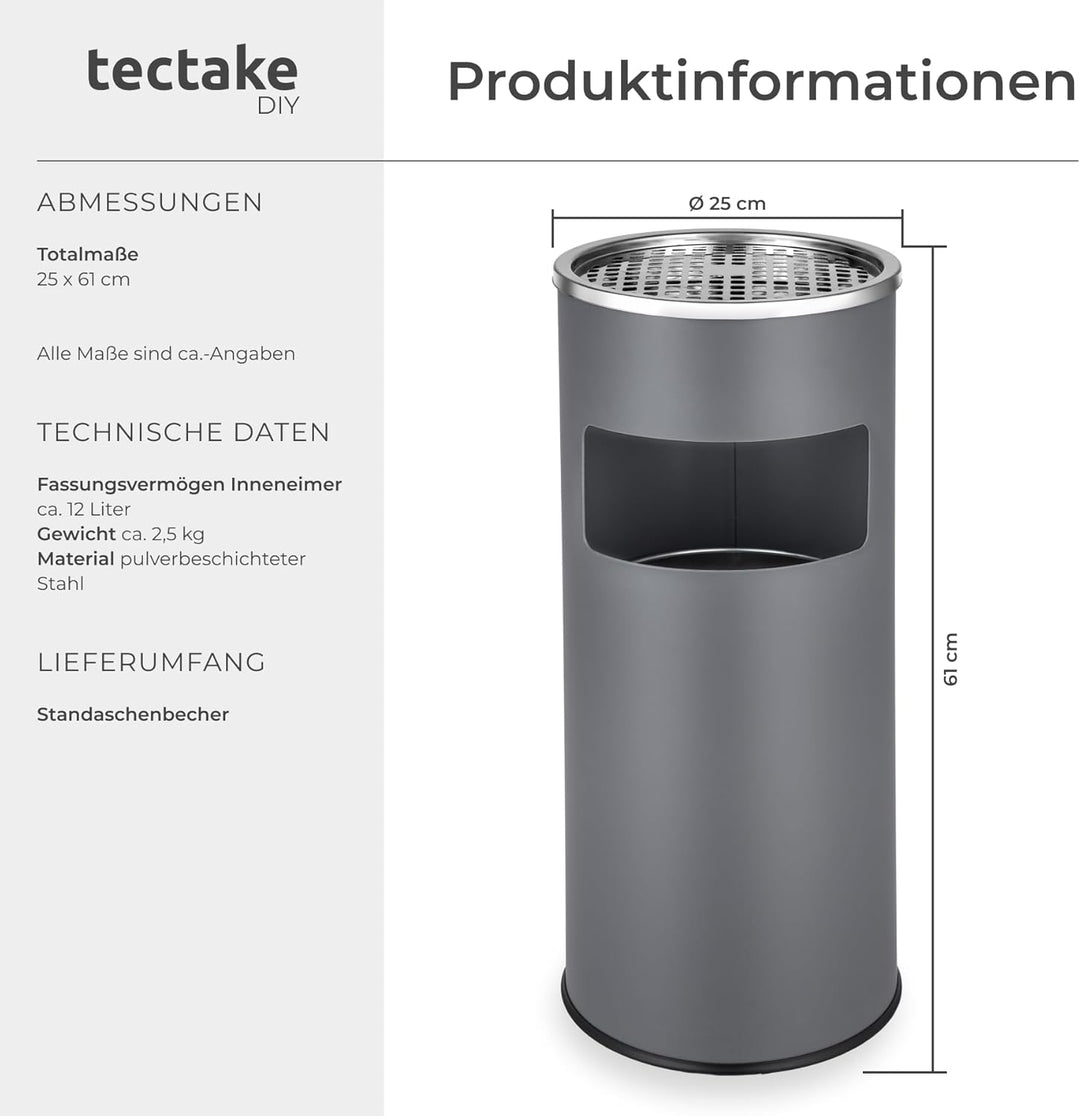 TecTake 30L Standaschenbecher Aschenbecher mit Mülleimer inkl. Inneneimer | Total: Ø 25 x 61 cm - di