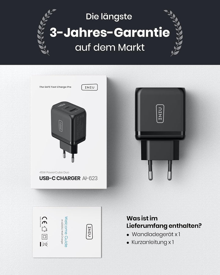 INIU USB C Ladegerät 45W, 2-Port USBC Netzteil Steack Adapter GaN II Tech Schnellladegerät PD Charge