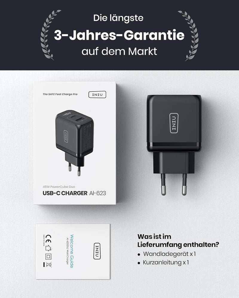 INIU USB C Ladegerät 45W, 2-Port USBC Netzteil Steack Adapter GaN II Tech Schnellladegerät PD Charge