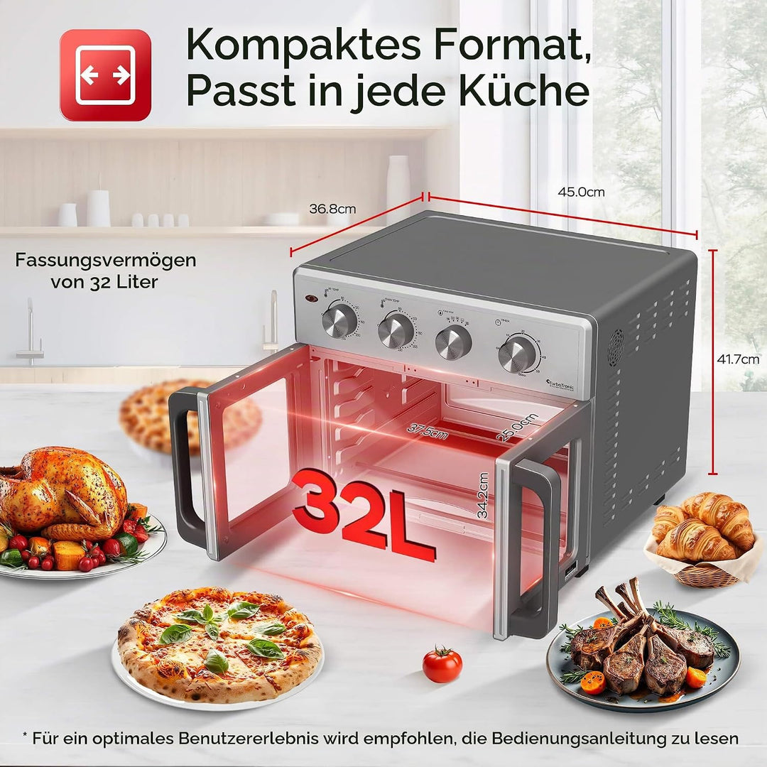TurboTronic digitaler Heissluftofen - XXL 32 Liter mit Drehspiess für Hähnchen 4in1 Mini Backofen &amp;