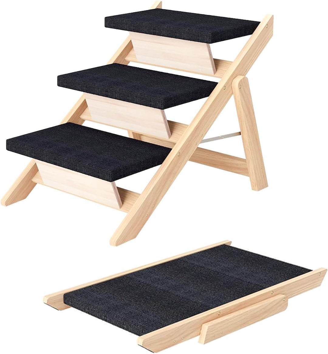 Holz-Hundetreppe & Rampe 2-in-1, Klappbar und Tragbar für Kleine und Mittelgrosse Hunde sowie Katzen