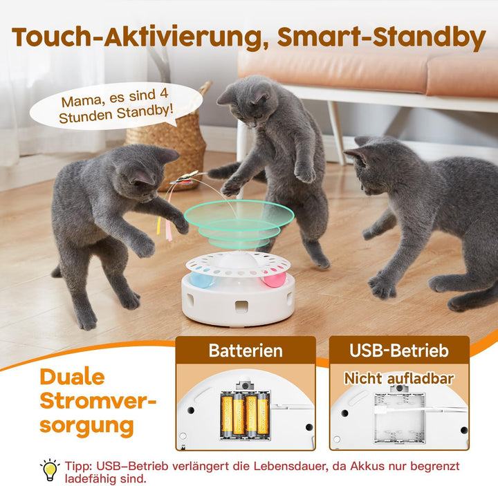 Potaroma 3-in-1 Interaktives Elektrisches Katzenspielzeug – Automatisches Federspiel, Flatternder Sc