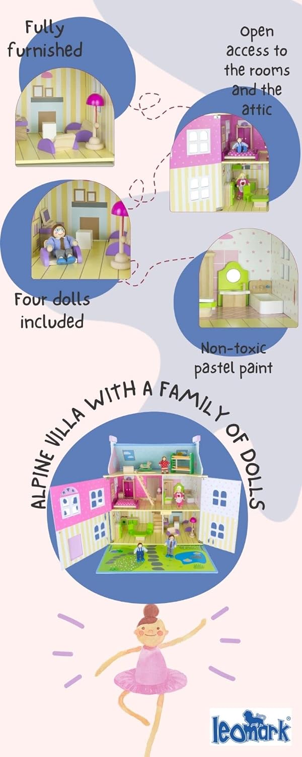 Leomark Alpine Villa Puppenhaus aus Holz mit Möbeln und Familie - Farbe Blue - Familienhaus mit möbe