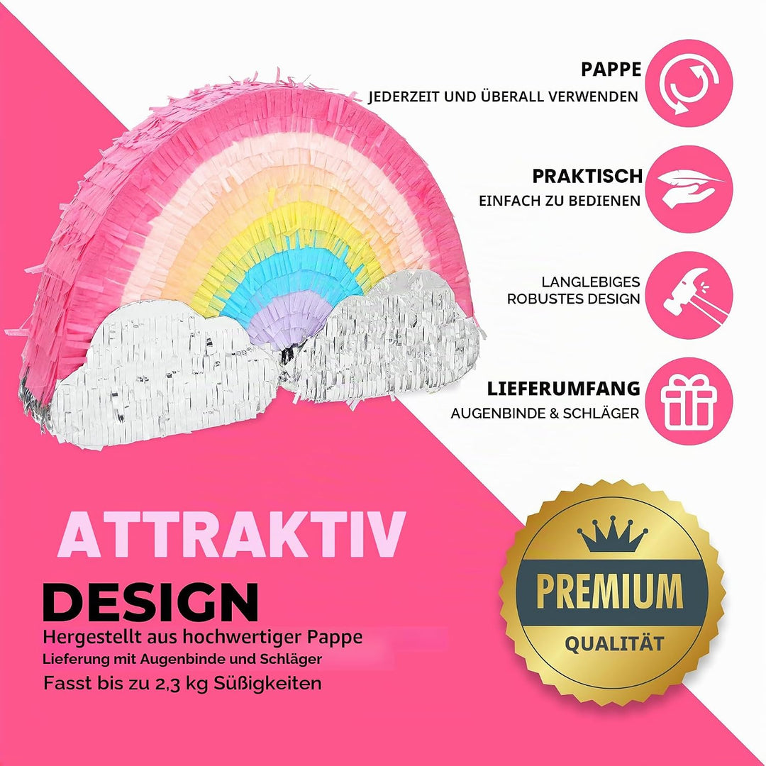Regenbogen-Pinatas-Set mit Augenbinde und Fledermaus (41,5 x 21,6 x 8,9 cm), Regenbogen-Pinatas für