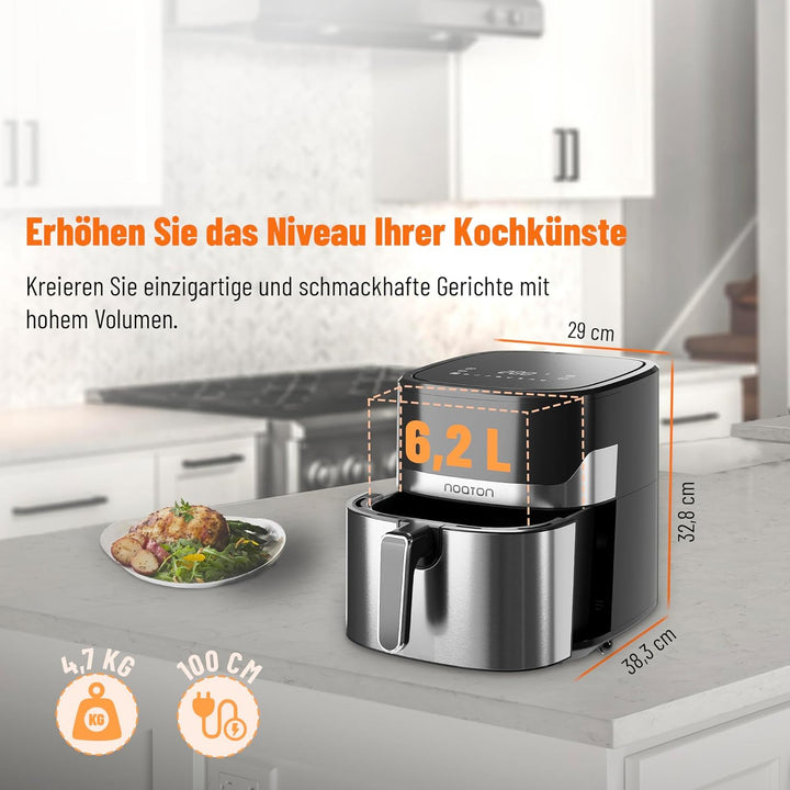 Noaton Heissluftfritteuse 6,2 L, Air Fryer mit Digitalem Touchscreen, 8 Programme, 1600 W, Ohne Öl,