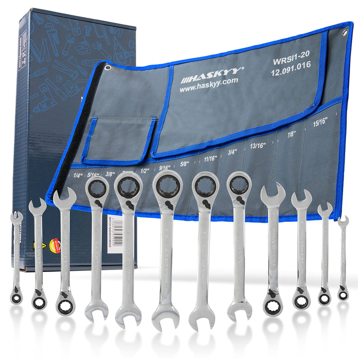 HASKYY 12tlg-Gewinkelte-Zoll-Ratschenschlüssel-Satz-Set I 1/4"-15/16" I Imperial Harley Maul-Gabel-S