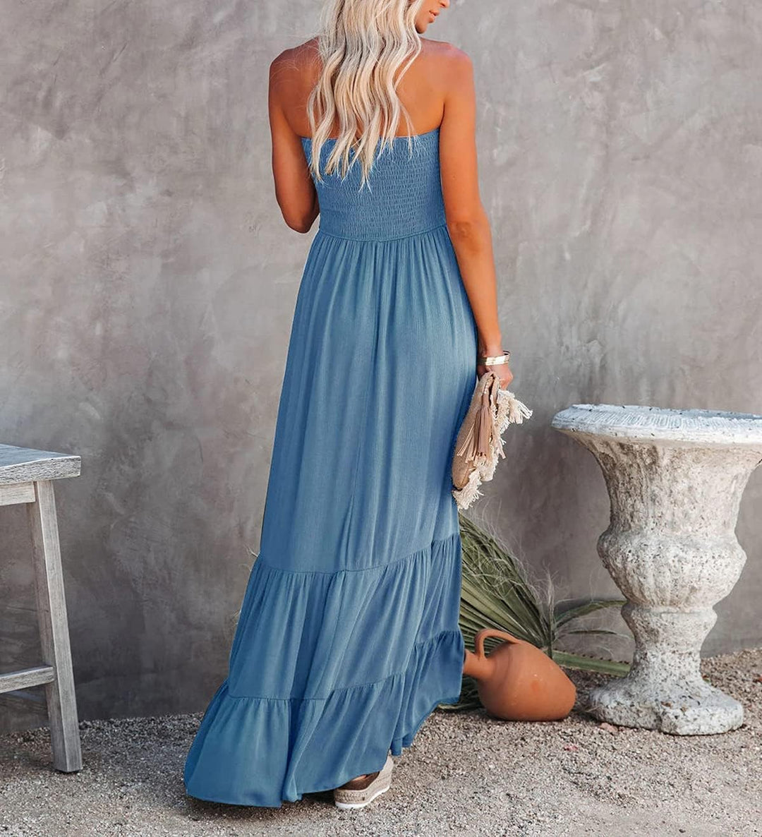 R.Vivimos Sommer Boho Trägerloses Bandeau Shirred Rüschen Tube A Linie Maxikleid L Blau#2, L Blau#2