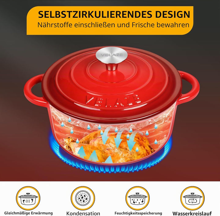 Velaze Gusseisen Topf 20cm, Gusseisen Bräter mit Deckel Backofengeeignet, Schmortopf Induktion, Emai