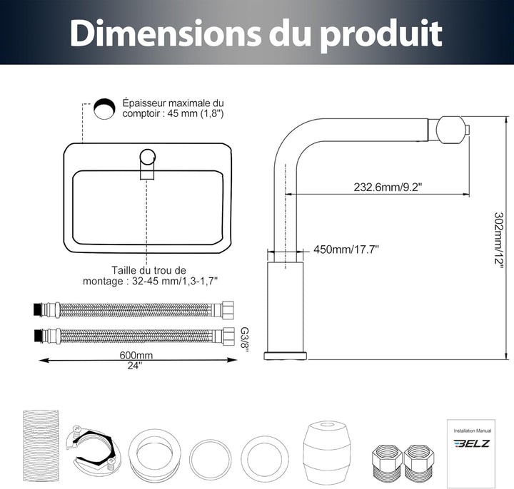 BELZ Wasserhahn Küche mit Herausziehbarer Brause, 3 Strahlarten, 360° Schwenkbarer Spültischarmatur,