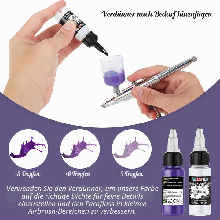 FansArriche Airbrush Farbe, 44 Farben+6 Verdünner, Acryl-Luftpinsel-Set, blickdichte und neon Farben