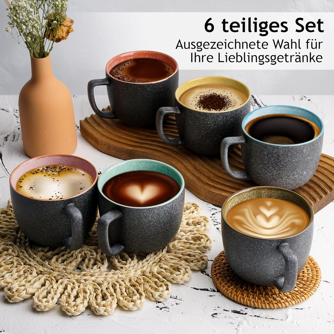 MIAMIO - 6 x 470 ml Kaffeetassen/Tassen Set/Kaffeetasse Gross/moderne Kaffeebecher aus Steingut - La