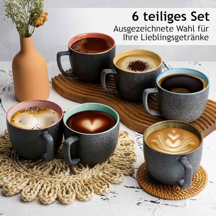 MIAMIO - 6 x 470 ml Kaffeetassen/Tassen Set/Kaffeetasse Gross/moderne Kaffeebecher aus Steingut - La