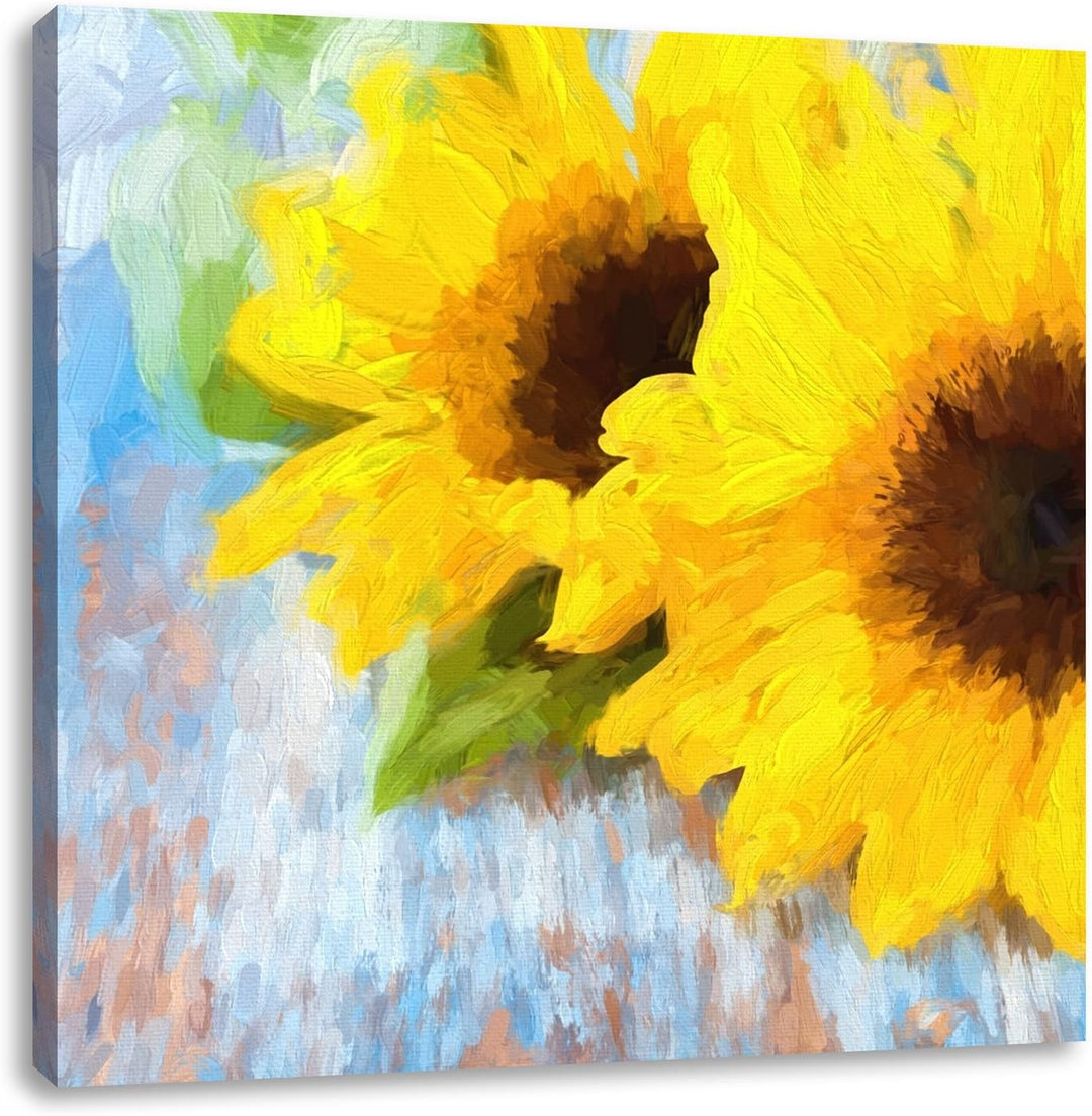 Pixxprint schöne Sonnenblumen auf Holztisch als Leinwandbild Quadratisch| Grösse: 70x70 | Wandbild|