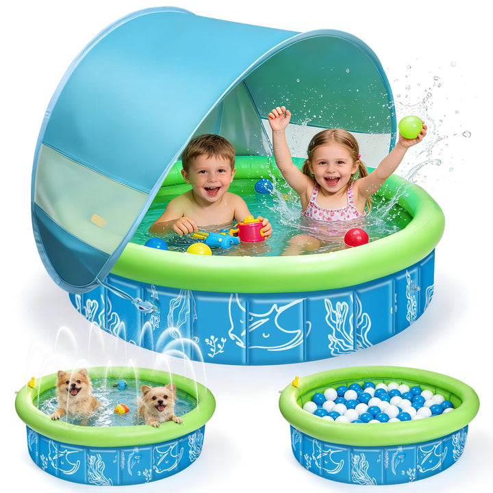 4-in-1 Pop Up Baby Planschbecken, Strandmuschel Baby mit Wasserstrahlen, Babypool Bällepool mit UV S