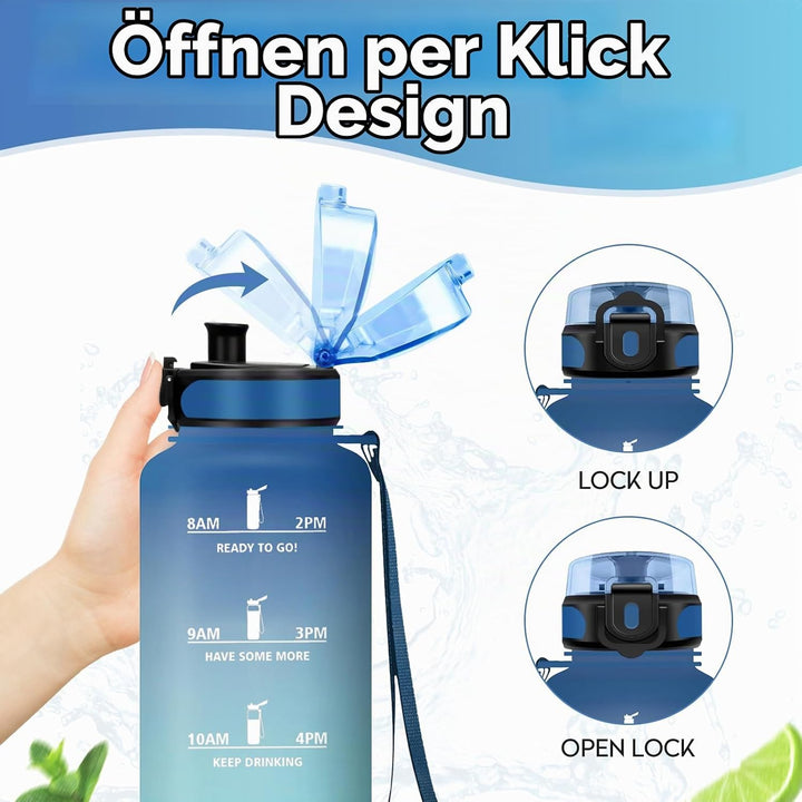 KollyKolla Trinkflasche Kohlensäure Geeignet, 500ml/1L/1.5L, Sport Trinkflasche mit Zeitmarkierung,