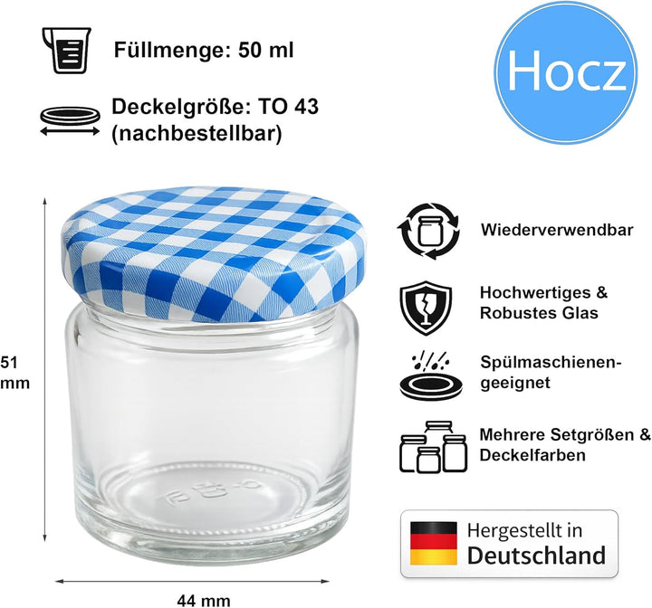 hocz 50x Mini Marmeladengläser 53 ml Set | Deckel Blau Kariert TO 43 | kleine Einmachgläser mit Schr
