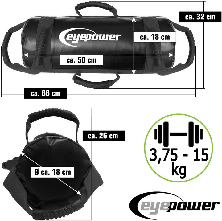 EYEPOWER 15kg Power Bag + 4 Kettlebell Gewichte - Befüllt mit Eisensand - Besser als Geräte: 6 Griff