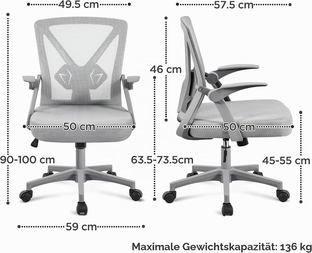 Yaheetech Bürostuhl ergonomisch, Schreibtischstuhl aus Mesh mit Hochklappbaren Armlehnen, Drehstuhl