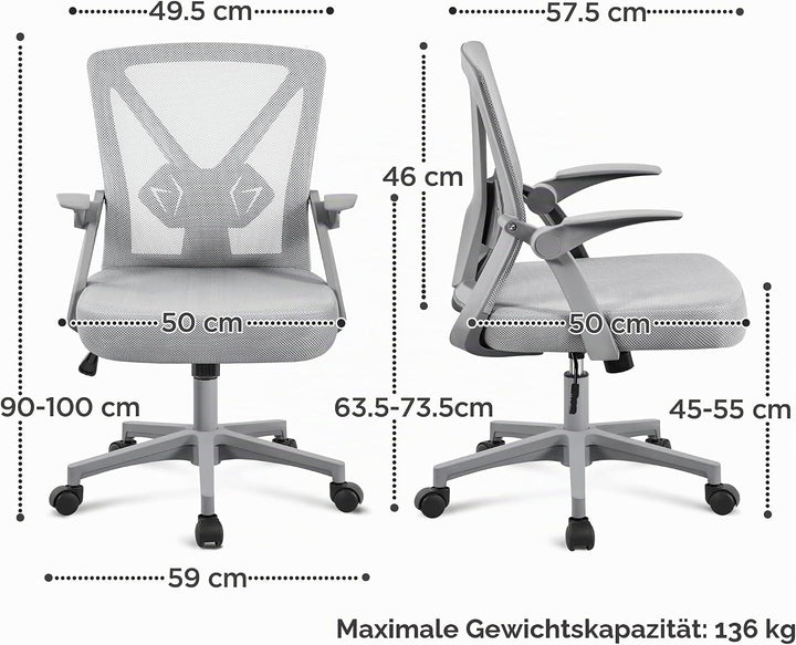 Yaheetech Bürostuhl ergonomisch, Schreibtischstuhl aus Mesh mit Hochklappbaren Armlehnen, Drehstuhl
