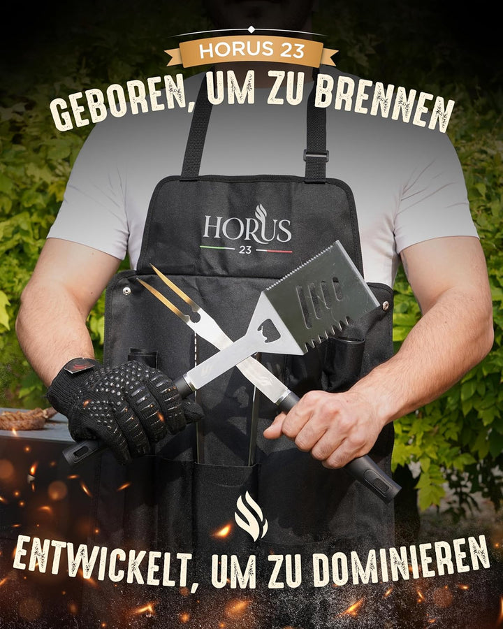 Grill Set mit Grill Zubehör aus Edelstahl, Oxford-Schürze, Hitzeschutzhandschuh und Grillmatte - Ges