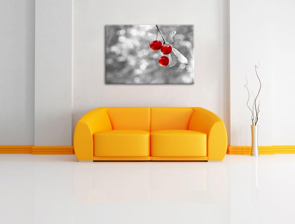 glänzende Kirschen am Zweig schwarz/weiss Format: 100x70 auf Leinwand, XXL riesige Bilder fertig ger