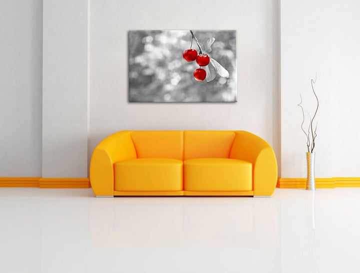 glänzende Kirschen am Zweig schwarz/weiss Format: 100x70 auf Leinwand, XXL riesige Bilder fertig ger