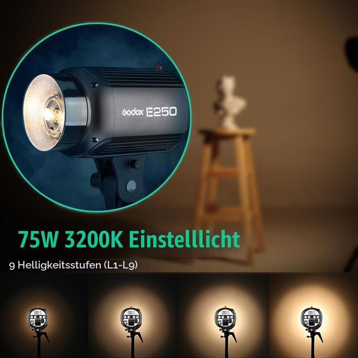Godox 750W Studio Stroboskop Blitzlicht Kit, Stroboskop Beleuchtungsset für Fotografie, 3x250W 5600K