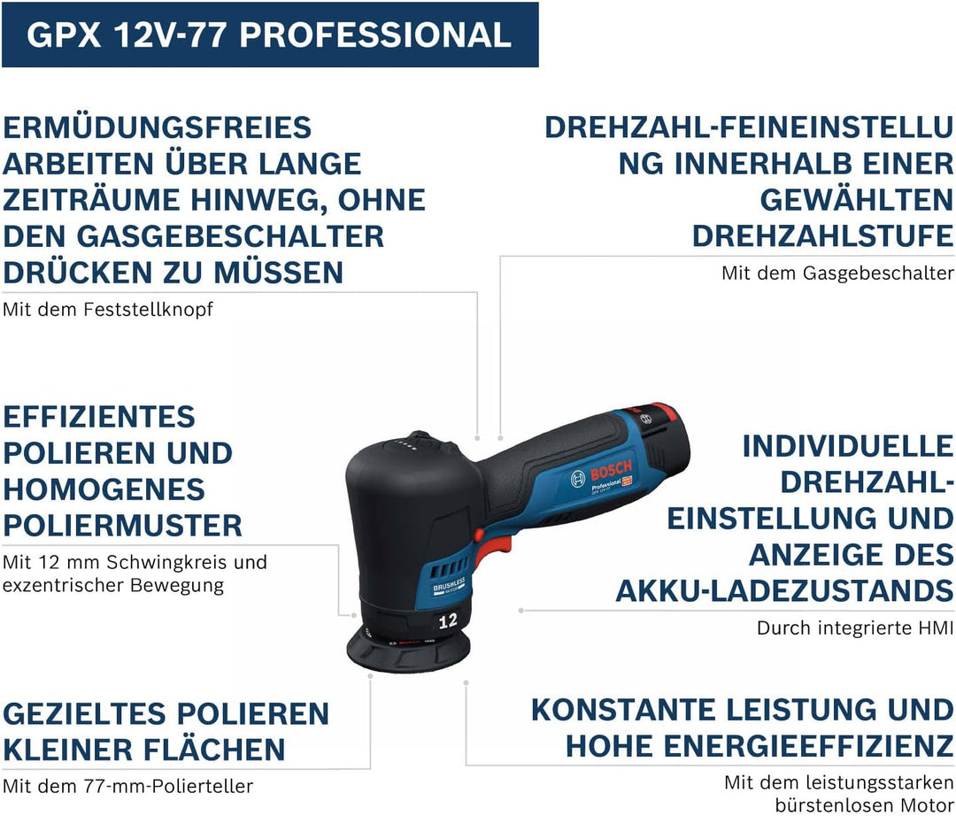 Bosch Professional 12V System Akku-Polierer GPX 12V-77 (inkl. montiertem 77 mm Klett-Stützteller, 77