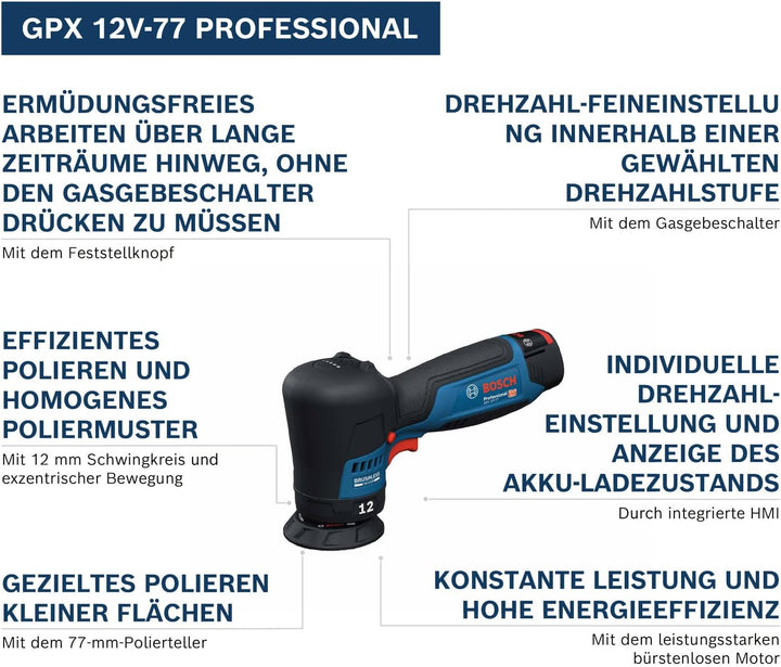 Bosch Professional 12V System Akku-Polierer GPX 12V-77 (inkl. montiertem 77 mm Klett-Stützteller, 77