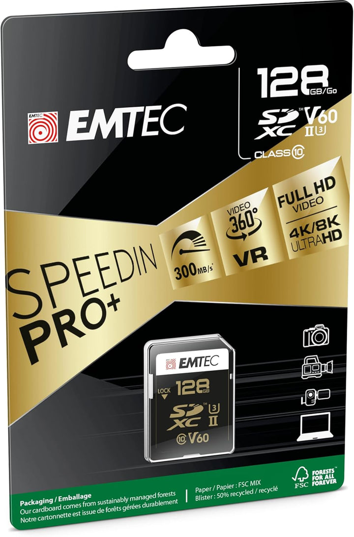Emtec SpeedIN Pro+ SD-Speicherkarte 128GB, SDXC UHS-II U3 V60, Full HD, 3D, 4K, 8K UHD, Lesegeschwin